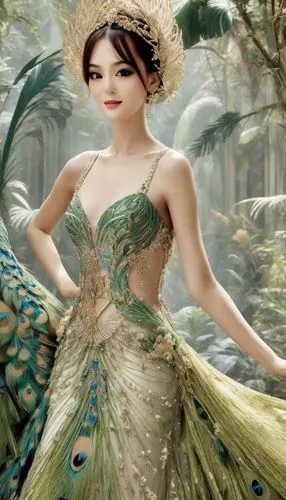 a girl wearing a dress with a long tail and peacock feathers,fairy peacock,fairy queen,faerie,fairie,amazonica,rosa 'the fairy,faery,fairy tale character,quetzal,princess anna,oriental princess,fantas