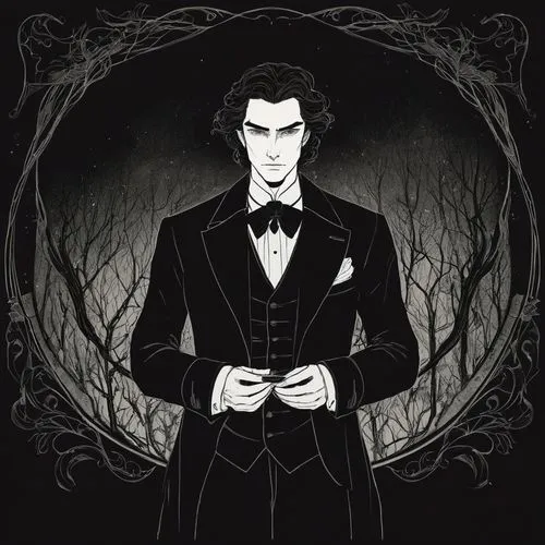 Create a dark and mysterious man picture. His eyes is shining ,baskerville,lestat,moriarty,lestrange,darkling,riddlesworth,carnacki,strahd,count dracula,elizalde,alucard,dracula,drac,grimsley,tailcoat