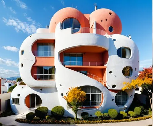 a modern, futuristic apartment building with a highly unique and imaginative design. The building's façade is composed of a series of rounded, bubble-like structures of varying sizes, all in a soft, m