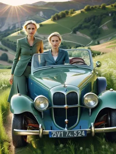 German political leader Alice Weidel dominates the action. She drives through a green Swiss meadow landscape with her pretty female partner in a valuable car whose dark green paintwork reflects the br