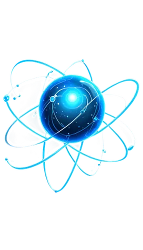 atom model, nucleus, protons, neutrons, electrons, orbitals, 3D illustration, metallic sphere, glowing blue nucleus, proton-neutron cluster, electron cloud, wispy trails, soft focus, shallow depth of 