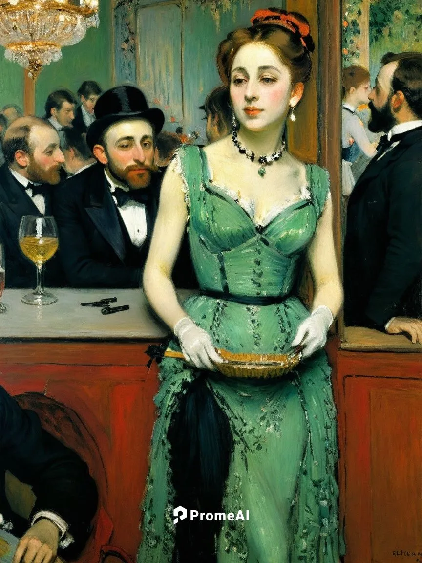 Entertainers in a Parisian nightclub.. Let the motif appear as a French impressionist painting as if it had been painted by Edgar Degas.,a painting of a woman in green dress with a man wearing suit,fl