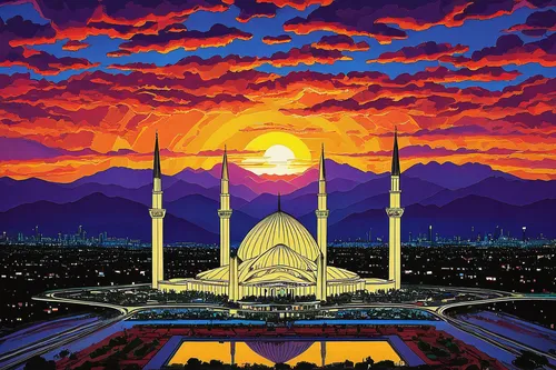 faisal mosque,tehran,travel poster,mosques,futuristic landscape,grand mosque,minarets,temples,fantasy city,makkah,valley of the moon,1980s,big mosque,1986,epcot center,temple fade,star mosque,1982,sky city,samarkand,Illustration,Black and White,Black and White 21