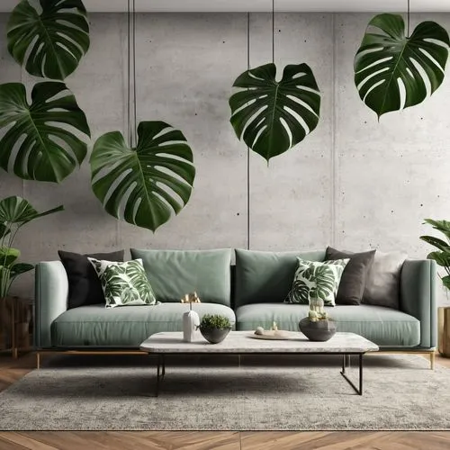 living room design .using monstera deliciosa as a pattern in walls  concrete material . modern design . realistic,tropical leaf pattern,tropical greens,sofa set,palm tree vector,tropical floral backgr