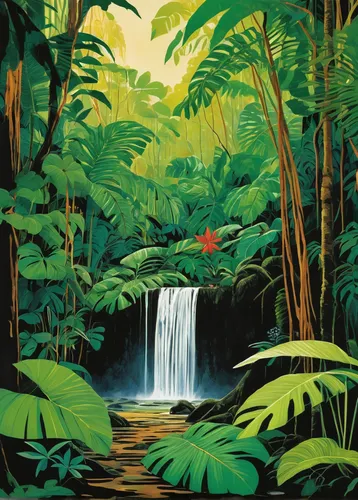 rainforest,tropical jungle,rain forest,jungle,tropics,tropical and subtropical coniferous forests,tropical chichewa,tropical island,sub-tropical,tropical animals,amazonian oils,jamaica,green waterfall,robert duncanson,tropical greens,tropical bloom,dominica,tropical tree,polynesia,water falls,Illustration,Paper based,Paper Based 21