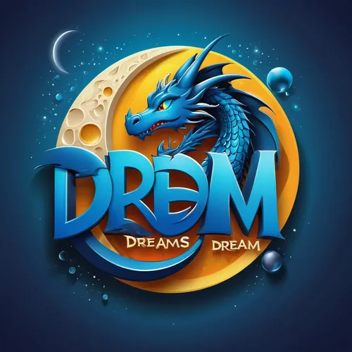 Logo for text "'Dream"' on the theme of loney toon dragon, moon in a tear drop logo theme. 3d logo,drm,dragon design,drago milenario,drg,dream world,dragon,logo header,draconic,dreidman,dreams,dream,d