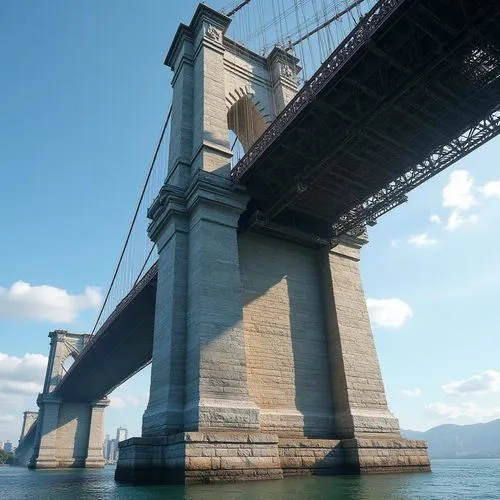 Granite bridge pillar, majestic, strong, natural texture, rough surface, grayish-brown color, intricate stone pattern, monumental structure, arch-shaped bridge, steel beam, suspension cable, urban cit