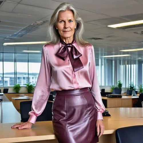 full body image,  Beautiful 55 year old norwegian woman, long greying hair, thin, silk old pink blouse with pussy bow and knee length leather skirt, in office building, masterpiece, ultra detailed pho