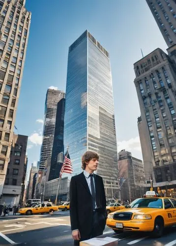 New York City skyscraper, modern architecture, internship building, glass facade, steel structure, urban landscape, busy streets, yellow taxi cabs, American flag, young adult, professional attire, lap