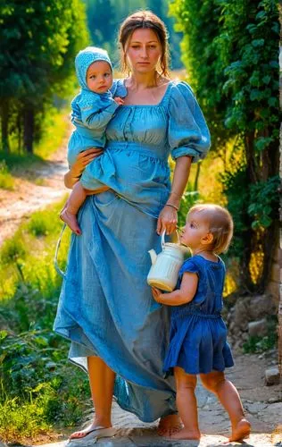 A young European Mum, looking down anxiously, with a baby in one arm and accompanied by another child who can already walk, is on her way to the well, as shown by a jug she is holding in the other han