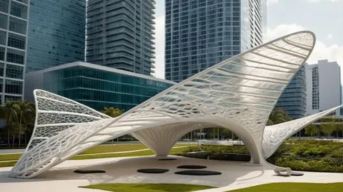 organic pavilion with technological membrane that is inspired by dragonfly wings, located in the heart of midtown miami, minimalistic, public, cinematic, good lighting, glass,Pavilion in midtown,steel