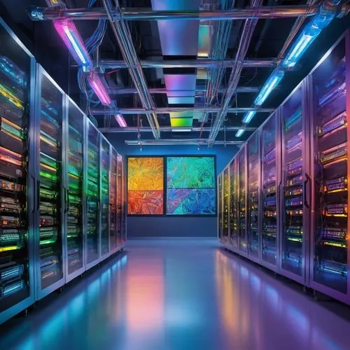 Modern cache design, computer architecture, futuristic laboratory, sleek metal tables, rows of humming servers, bright LED lights, wires and circuits, motherboards, CPU units, memory chips, heat sinks