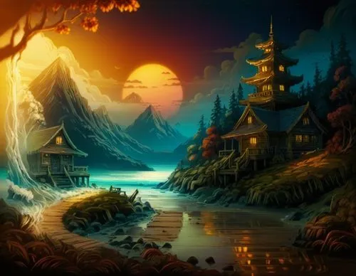 a painting of the scene of a sunset scene,cartoon video game background,halloween background,fantasy landscape,fantasy picture,landscape background,autumn background,Illustration,Abstract Fantasy,Abst