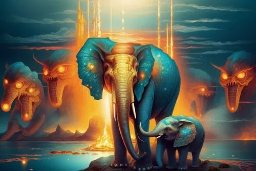 elephants with a background and glowing faces, are all standing by the water,blue elephant,elephunk,elephantmen,elephants,elephantine,triomphant,Illustration,Realistic Fantasy,Realistic Fantasy 25