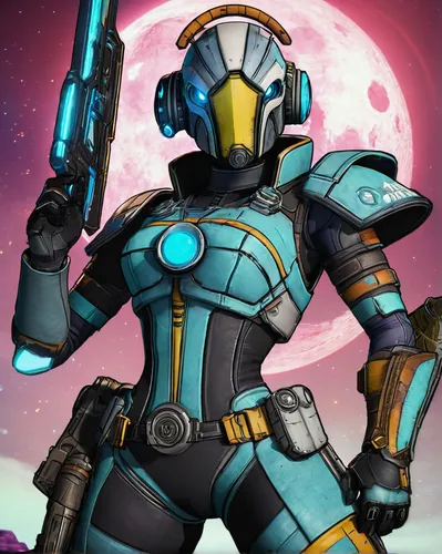 character, Borderlands: The Pre-Sequel, Athena the Gladiator, action pose, shield, sword, aggressive stance, Nisha the Lawbringer, dual pistols, cowboy hat, sharpshooter, Wilhelm the Enforcer, cyberne