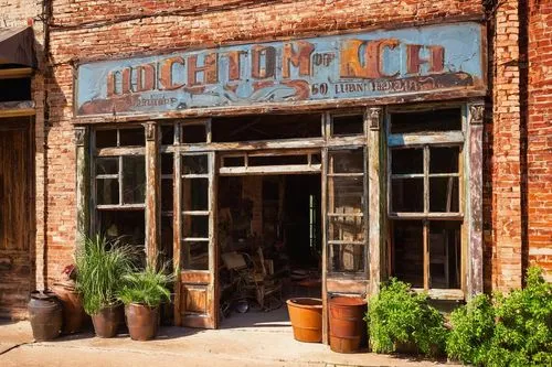 Austin TX, architectural salvage store, old worn wooden signs, distressed brick exterior, vintage metal doors, rusty hinges, reclaimed wood shelves, eclectic mix of antique furniture, industrial light