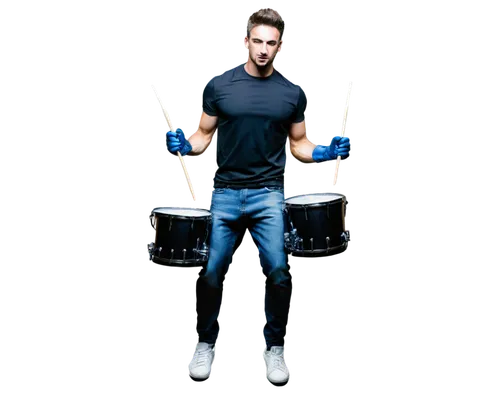 Dynamic drum set, shining metal drums, energetic drummer, male, muscular arms, intense facial expression, sweat dripping, black leather gloves, drumsticks in hand, powerful chest, strong legs, blue je