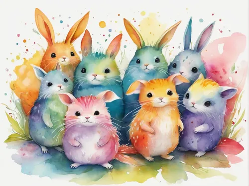 easter rabbits,rabbit family,rabbits,rainbow rabbit,easter card,bunnies,whimsical animals,rabbits and hares,watercolor baby items,easter-colors,kawaii animals,kids illustration,felted easter,easter theme,small animals,watercolor cat,retro easter card,watercolor background,squirrels,colourful pencils,Illustration,Paper based,Paper Based 11