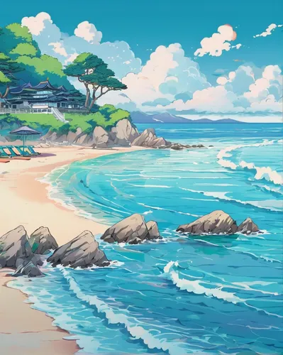 beach landscape,beach scenery,coastal landscape,sea landscape,mountain beach,sea-shore,dream beach,ocean background,seaside country,seaside,seashore,ocean,beach background,tropical sea,sand coast,seaside view,beautiful beaches,landscape background,seascape,beautiful beach,Illustration,Japanese style,Japanese Style 04