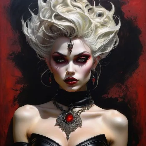 Goblin queen dons red top, black leather skirt, full view, ethereal presence, captures with drybrush technique, juxtaposed against a grunge onyx and puce gradient backdrop, flawless execution of eyes,