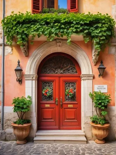 Historic Croatian architecture, Baroque style, ornate decorations, grand entrance, marble columns, intricately carved wooden doors, stained glass windows, red-tiled roof, ivy-covered walls, sunny afte