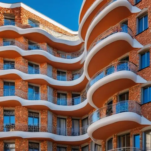 A modern building featuring multiple balconies with unique orange triangular awnings. The awnings have intricate cut-out patterns and are paired with glass railings. The building is white, and the bal