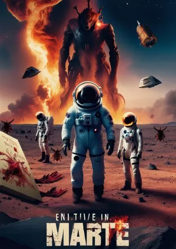 Créame un cartel de una película de Netflix, con 3 astronautas parados en el suelo del planeta Marte, el del medio que tiene el casco roto y la cara manchada, el otro que es médico espacial y los demá