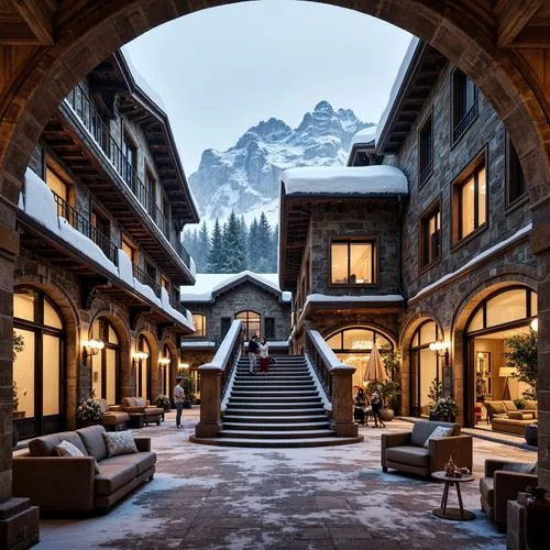 Grandiose ski resort, lavish snow-covered mountains, ornate wooden chalets, intricately carved stone facades, golden accents, regal furnishings, opulent chandeliers, rich velvet drapes, grand staircas