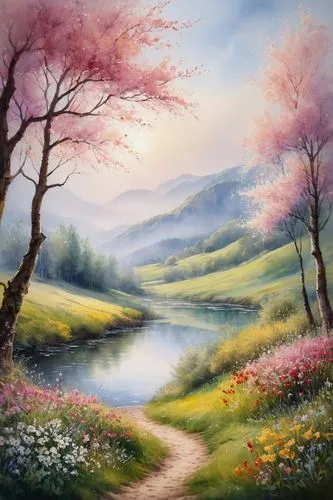 meadow in pastel,landscape background,meadow landscape,springtime background,nature landscape,spring background,flower painting,landscape nature,river landscape,forest landscape,home landscape,nature background,fantasy landscape,walking in a spring,salt meadow landscape,beautiful landscape,watercolor background,rural landscape,mountain landscape,purple landscape,Photography,General,Fantasy