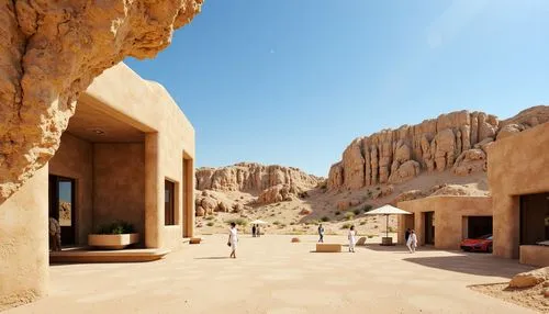 Weathered sand-casted walls, rough stone textures, earthy tones, organic forms, natural erosion patterns, desert landscape, warm sunny day, clear blue sky, vast open space, modern futuristic architect