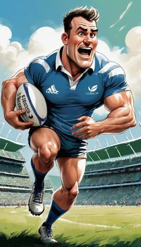 Rugby player, athletic build, muscular arms, strong legs, rugged facial features, messy short hair, sweaty forehead, white rugby jersey, blue shorts, spiked shoes, holding rugby ball, running, jumping