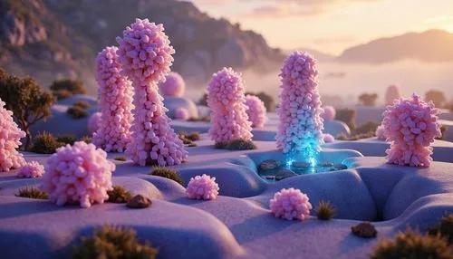 mushroom landscape,mushroom island,coral guardian,eudendrium,voxels,scandia gnomes,coral reef,fairy forest,3d render,alien world,biofilm,fairy village,desert coral,terraformer,cinema 4d,fairy world,coral,terraforming,voxel,microworlds