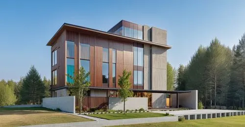 modern house with wooden elevation, glass wins on sunny day light, trees and forest on the site.,this modern house is located in the heart of the park,modern house,modern architecture,cubic house,timb