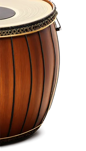 Tabla drum, Indian classical instrument, brown wood grain, intricate carvings, metallic rings, soft golden lighting, shallow depth of field, detailed textures, 3/4 composition, warm color tone, realis