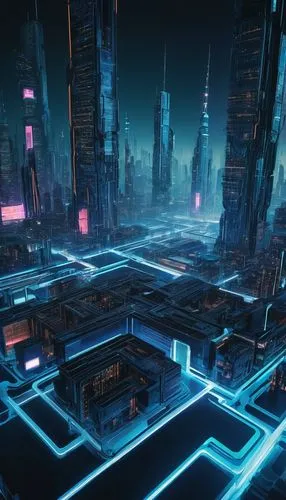 Cyberpunk, futuristic, high-tech, complex system architecture, abstract digital landscape, 3D visualization, neon lights, circuits, wires, motherboards, servers, mainframes, routers, switches, fiber o