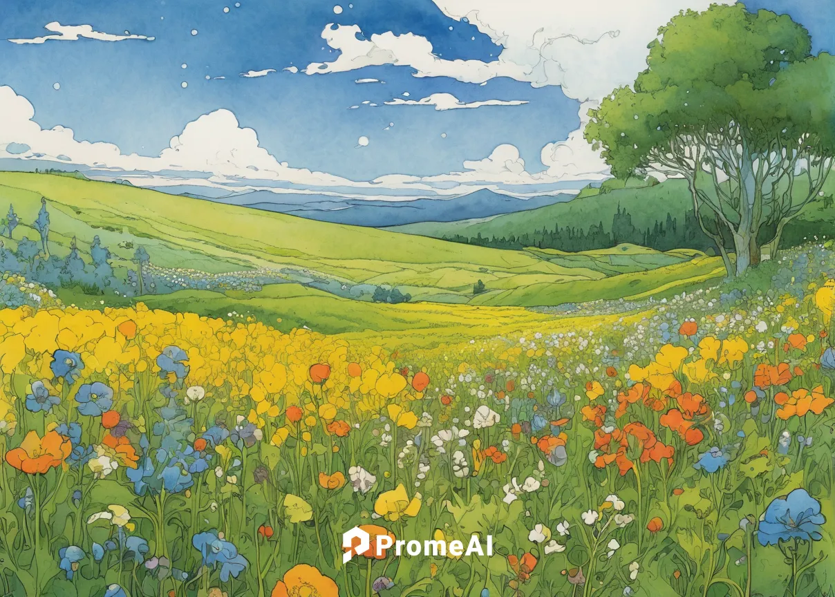 Write a romantic poem about a field of blooming 70s flowers.,summer meadow,spring meadow,meadow landscape,meadow in pastel,blooming field,flower meadow,flower field,flowering meadow,wildflower meadow,