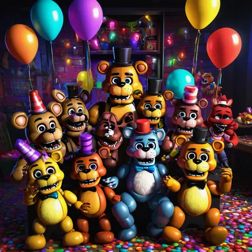 Five Nights at Freddy's characters, party scene, colorful balloons, festive streamers, confetti, animatronic band playing, Chica, Freddy, Bonnie, Foxy, vibrant arcade machines, pizza slices, children 