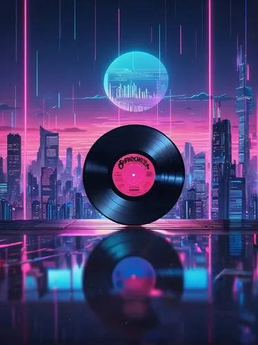 Vinyl record, retro futuristic, neon lights, cityscape at dusk, skyscraper, Tokyo, rainy night, misty atmosphere, holographic effect, CD disk, metallic sheen, bold font title, minimalist composition, 