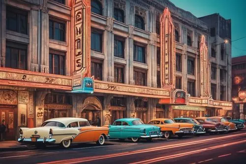 fox theatre,alabama theatre,ohio theatre,vintage cars,retro automobile,warner theatre,fifties,oldsmobiles,vintage background,fleetline,pantages,aronde,50's style,vintage theme,american classic cars,autobianchi,old cinema,havana,studebakers,kodachrome,Illustration,Realistic Fantasy,Realistic Fantasy 42