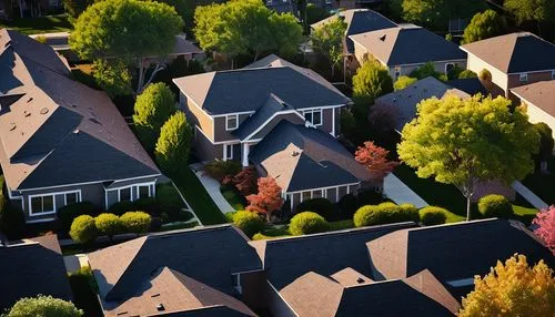 Discount architectural shingles, modern roof, rustic brown color, textured surface, layered structure, overlapping design, subtle gradient effect, afternoon sunlight casting gentle shadows, bird's eye