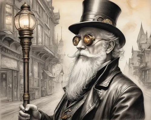 Steampunk wizard, old man, white beard, goggles, top hat, leather coat, intricate clockwork mechanisms, brass buttons, copper accents, ornate wooden cane, mystical aura, misty atmosphere, dimly lit, V