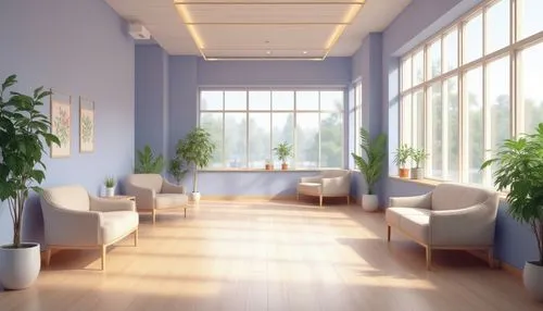 calming healthcare facility, lavender blue walls, soft wooden floors, minimalist furniture, gentle curved lines, comfortable waiting area, natural light pouring through large windows, plants with soot