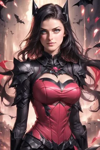 Stunning young woman,red dress, pink lipstick ,a girl dressed in red and black,batwoman,scarlet witch,morgana,kittani,batallion,huntress,Digital Art,Anime