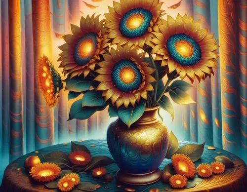 sunflowers in vase,sunflowers,sunflower,sunflower paper,tretchikoff,sun flower,Illustration,Realistic Fantasy,Realistic Fantasy 25