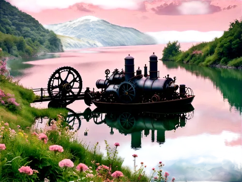 steam engine,boat landscape,industrial landscape,waterwheels,landscape background,fantasy picture,bulstrode,steam power,fantasy landscape,steamships,world digital painting,cartoon video game background,river landscape,caravel,steamboats,steamship,talyllyn,steam locomotives,beautiful landscape,skarloey,Conceptual Art,Fantasy,Fantasy 25