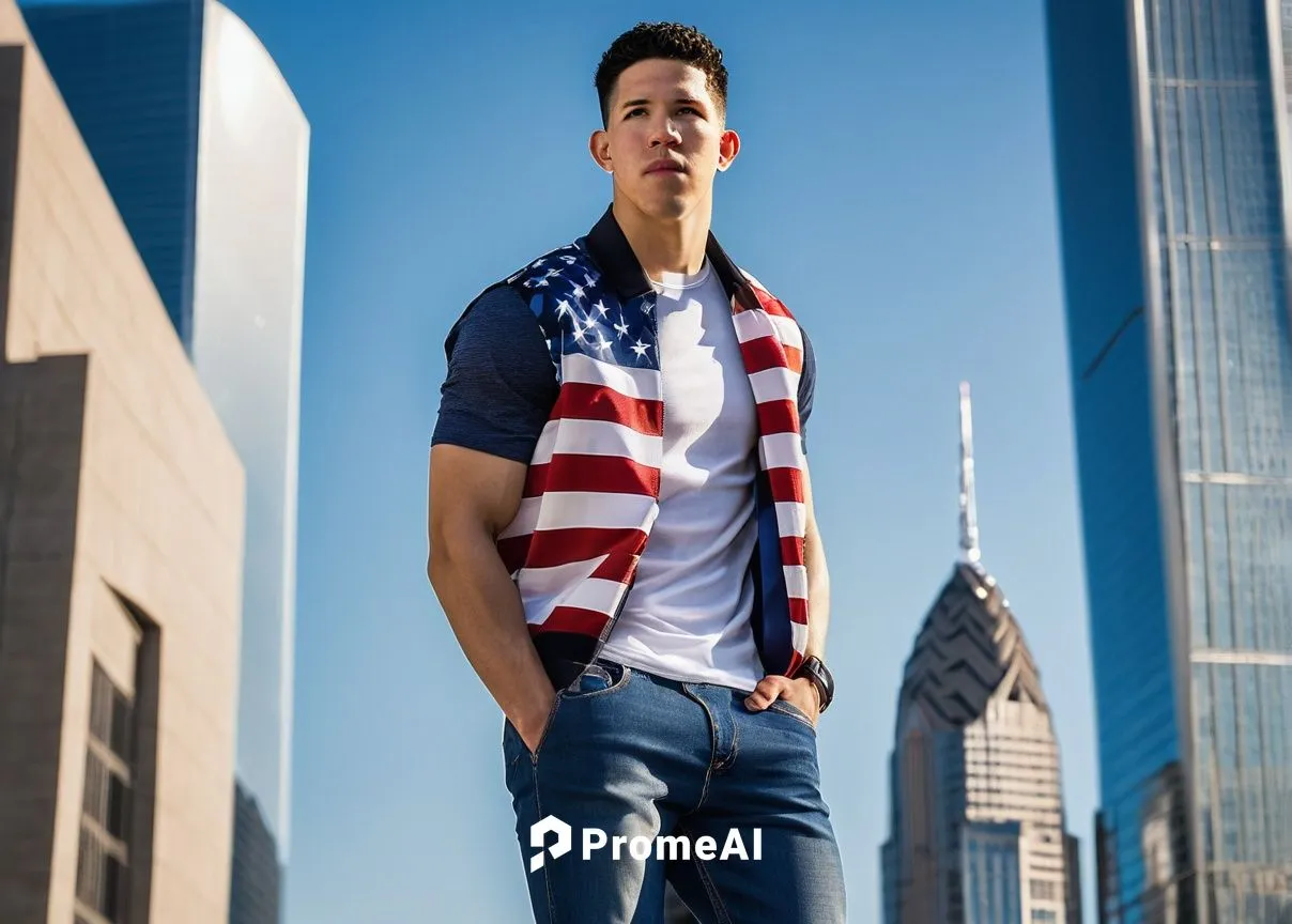 Devin Booker, NBA player, mature man, strong facial features, short hair, athletic build, casual wear, denim jeans, white sneakers, relaxed pose, leaning against a modern skyscraper, urban cityscape, 