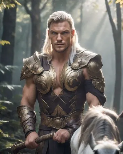 Alan Ritchson like minotaur, warrior Armor, ancient greece, forest, sword. White hair, muscle body,a man wearing armor standing next to a horse,thorgal,thorbjorn,thordur,thornier,dagur,eorl,Photograph