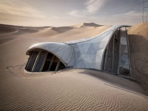 concrete glass steel house set in sand dunes,admer dune,futuristic architecture,dunes house,futuristic landscape,teardrop camper,cube stilt houses,futuristic art museum,dune,solar cell base,crescent d