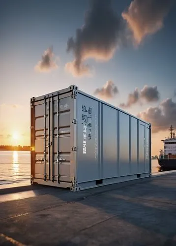 Modern minimalist container, sleek metallic body, silver-gray color, clean lines, flat roof, rectangular shape, large glass doors, LED strip lights underneath, intricate mechanical details, industrial