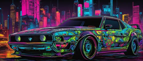 Create a futuristic Teefury design with neon lights and digital artwork.,kia soul,nissan armada,dodge nitro,austin fx4,scion xb,snatch land rover,glow in the dark paint,ford lightning,raptor,nissan ti